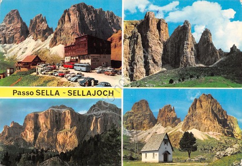 Cartolina Passo Sella Sellajoch vedute varie e albergo timbro Hotel …