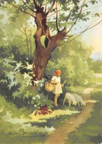 Cartolina pastorella pecore illustrata Silvio Bonelli