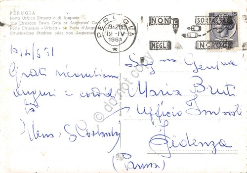 Cartolina Perugia Porta Urbica Etrusca Timbro a targhetta stradale 1961