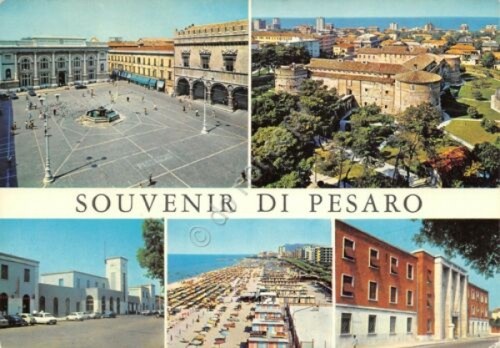 Cartolina Pesaro vedute Caserma Stazione Piazza del Popolo 1976