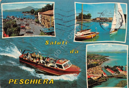 Cartolina Peschiera vedute varie motoscafo 1981
