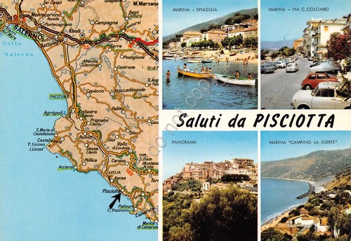 Cartolina Pisciotta vedute varie e mappa stradale La suerte anni …