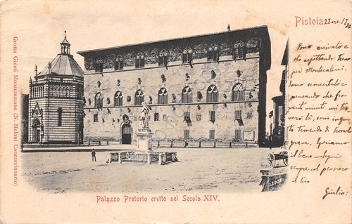 Cartolina Pistoia Palazzo Pretoria animata carretto 1922