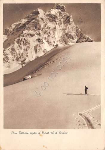 Cartolina Plan Torrette sopra Breuil e Cervino sci sciatore 1936