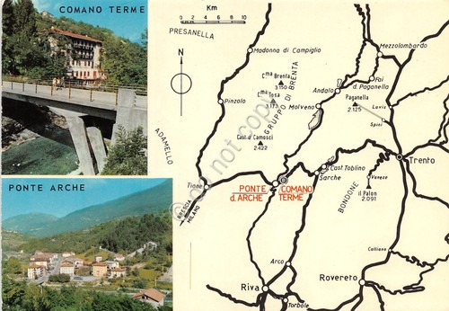 Cartolina Ponte Arche Comano Terme con mappa e panorama 1981