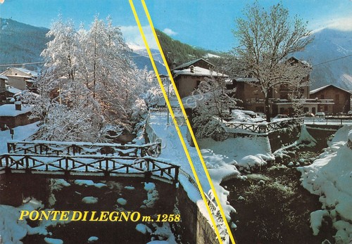 Cartolina Ponte di Legno panorama paese ruscello neve 1984