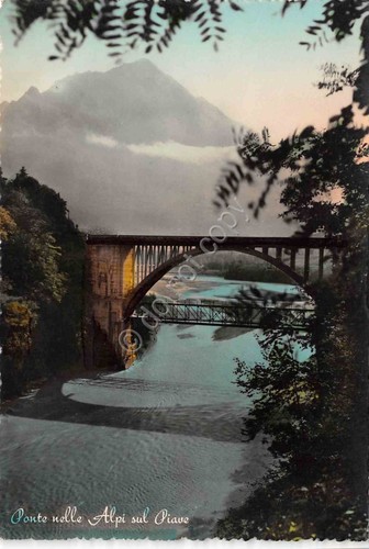 Cartolina Ponte nelle Alpi sul Piave colorata 1956