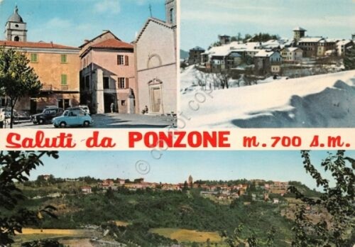 Cartolina Ponzone vedute varie Piazza Italia Maddalena panorama invernale 1983