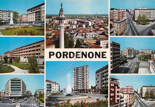 Cartolina Pordenone vedute varie città case e strade