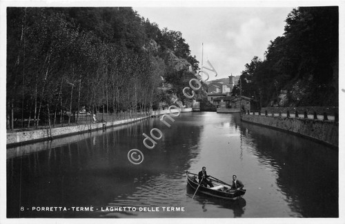 Cartolina Porreta Teme Laghetto delle Terme animata barca 1933