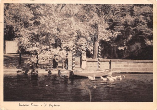 Cartolina Porretta Terme Laghetto barca animata 1938