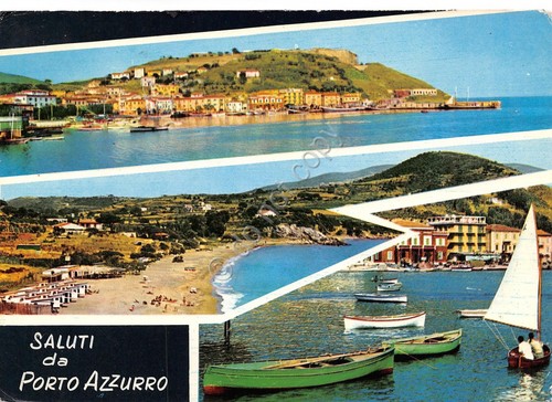 Cartolina Porto Azzurro Isola d'Elba 3 vedute spiaggia barche (Livorno)