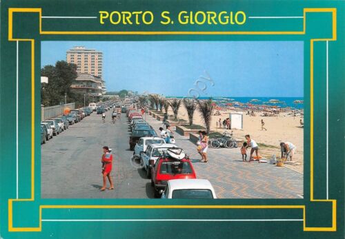 Cartolina Porto San Giorgio Lungomare spiaggia auto d'epoca animata