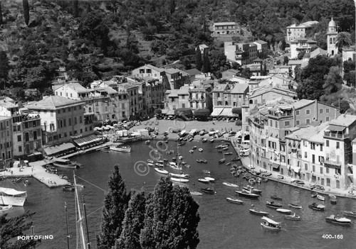 Cartolina Portofino Genova panorama della baia con barche spiaggia 1960