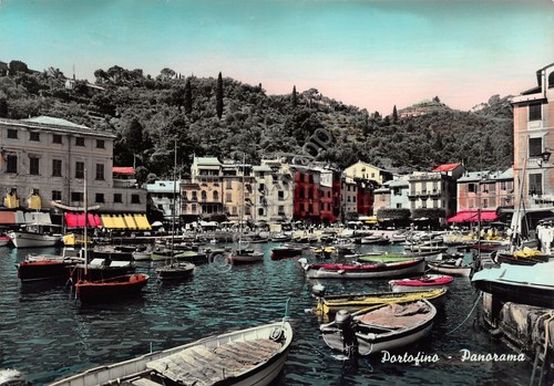 Cartolina Portofino panorama paese case barche colorata 1960