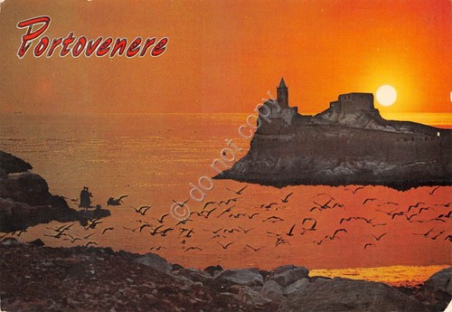 Cartolina Portovenere Golfo della Spezia panorama mare gabbiani al tramonto