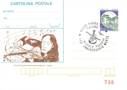 Cartolina Postale Circolo filatelico Minerva Paganini Parma 1990