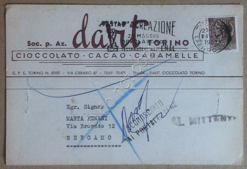 Cartolina postale Davit Cioccolato Torino - 1957 - ritornata al …