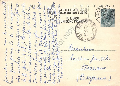 Cartolina postale timbro Incontri con il libro 1957