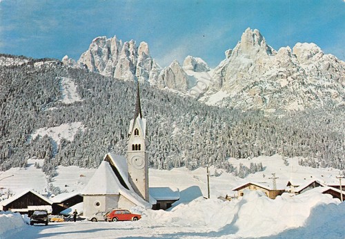 Cartolina Pozza di Fassa Chiesa di Meida Dirupi di Larsec …