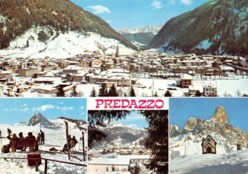 Cartolina Predazzo vedute sci sciatori Timbro Associazione Italiana Insegnanti