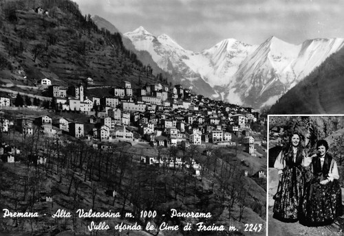 Cartolina Premana Alta Valsassina Panorama abiti tradizionali