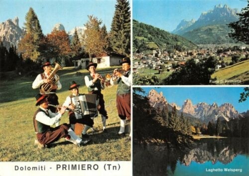 Cartolina Primiero vedute abiti tradizionali suonatori (Trento)