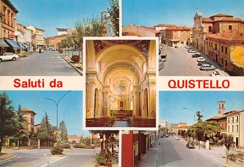 Cartolina Quistello vie del paese e chiesa interno 5 vedute