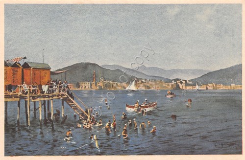 Cartolina Rapallo I bagni Acquarello Prof. Aurelio Craffonara illustrata