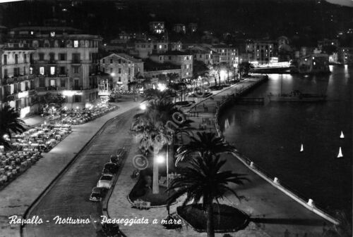 Cartolina Rapallo Passeggiata a mare notturno auto d'epoca anni '50