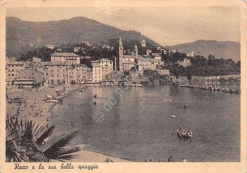 Cartolina Recco La Spiaggia animata barca 1939