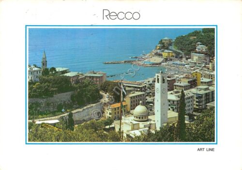 Cartolina Recco panorama dall'alto chiesa spiaggia bordo bianco