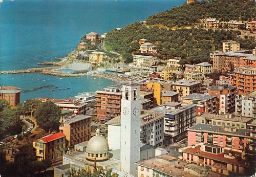 Cartolina Recco panorama parziale delle case e baia 1979