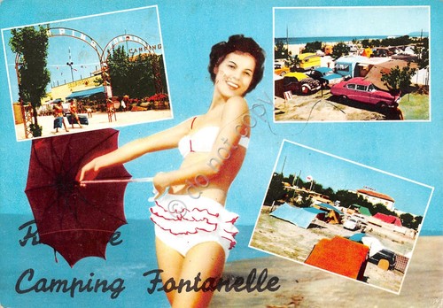 Cartolina Riccione Camping Fontanelle Pin up vedute varie anni '70