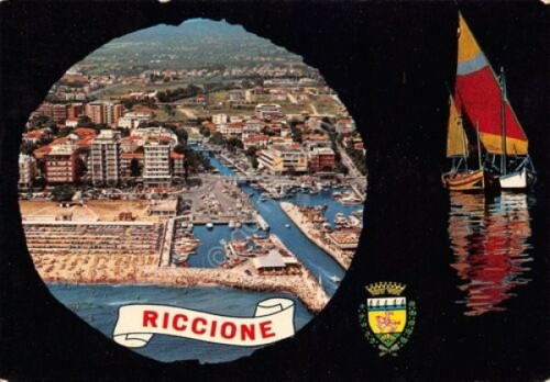 Cartolina Riccione vedute bordo nero e stemma 1972 (Rimini)