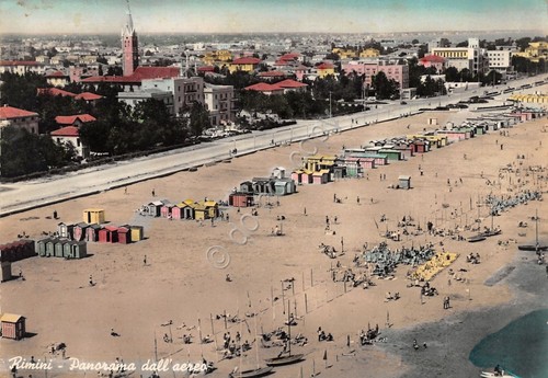 Cartolina Rimini Panorama aereo spiaggia colorata 1957