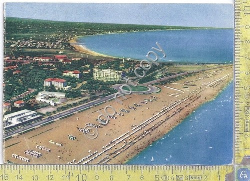 Cartolina Rimini panorama aereo Visione dalla spiaggia 1955