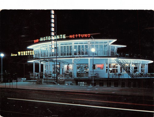 Cartolina Rimini una rotonda sul mare Ristorante Nettuno notturno