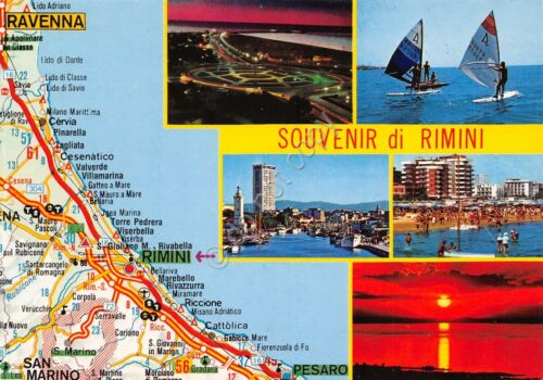 Cartolina Rimini vedute varie e mappa