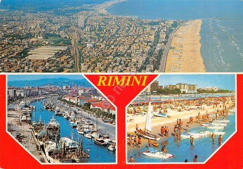 Cartolina Rimini vedute varie panorama aereo spiaggia porto 1993