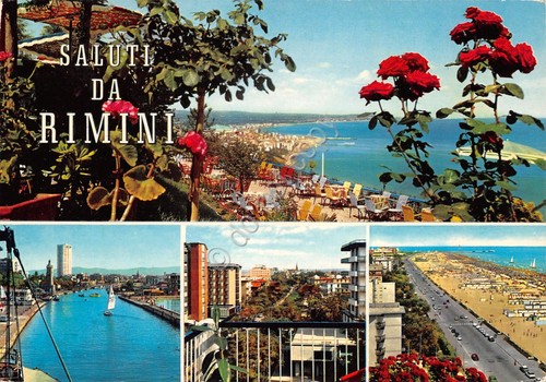 Cartolina Rimini vedute vie paese spiaggia 1971