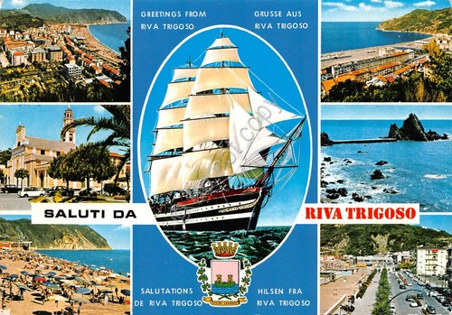Cartolina Riva Trigoso 7 vedute veliero (Genova)