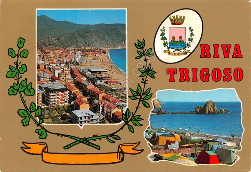 Cartolina Riva Trigoso camping e paese stemma paese 1983