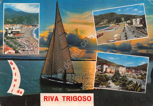Cartolina Riva Trigoso paese e spiaggia barca a vela vedute …