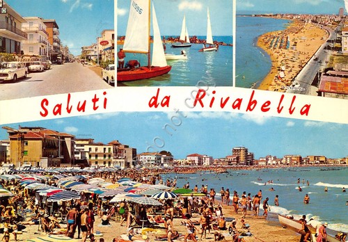 Cartolina Rivabella 4 vedute spiaggia animata paese (Rimini)