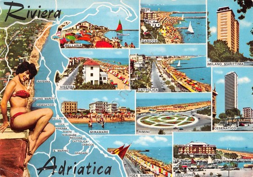 Cartolina Riviera Adriatica vedute mappa Pin up Tassata 1965 (Rimini)