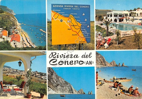 Cartolina Riviera del Conero vedute varie piscina spiaggia mappa 1971 …