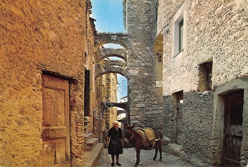 Cartolina Riviera Ligure carrugio animata con donna e asino