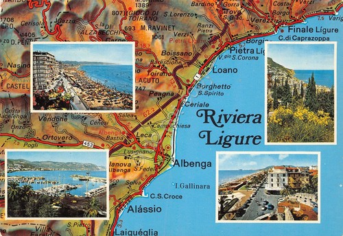 Cartolina Riviera ligure mappa con vedute da Finale a Laigueglia