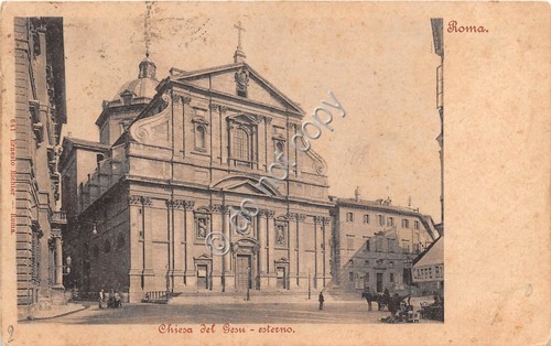 Cartolina Roma Chiesa del Gesù animata carrozza primi '900